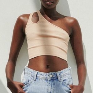 NWT Zara One Shoulder Cutout Tan Nude Crop Top Tank